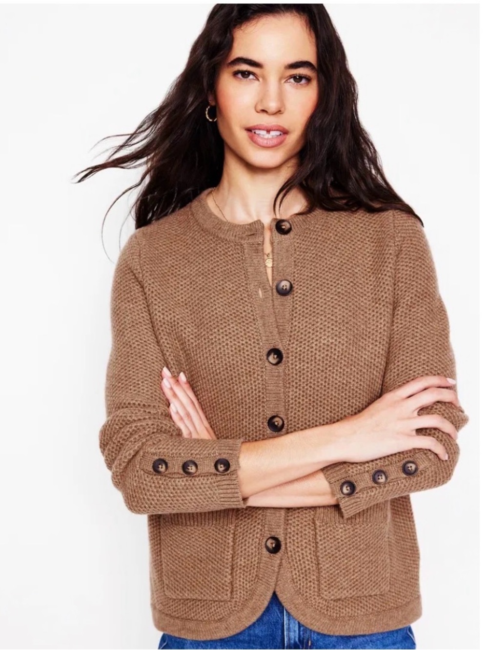 Boden Camel Wool cardigan with buttons and front pocket detail